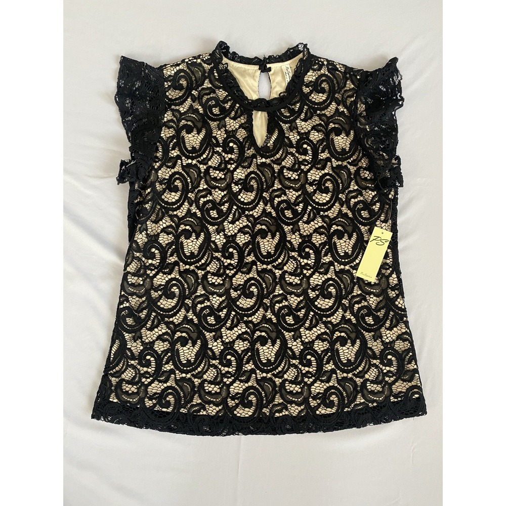 Black Lace PerSeption Concept Blouse With Key Hole Tan Lining Size Large NWT
